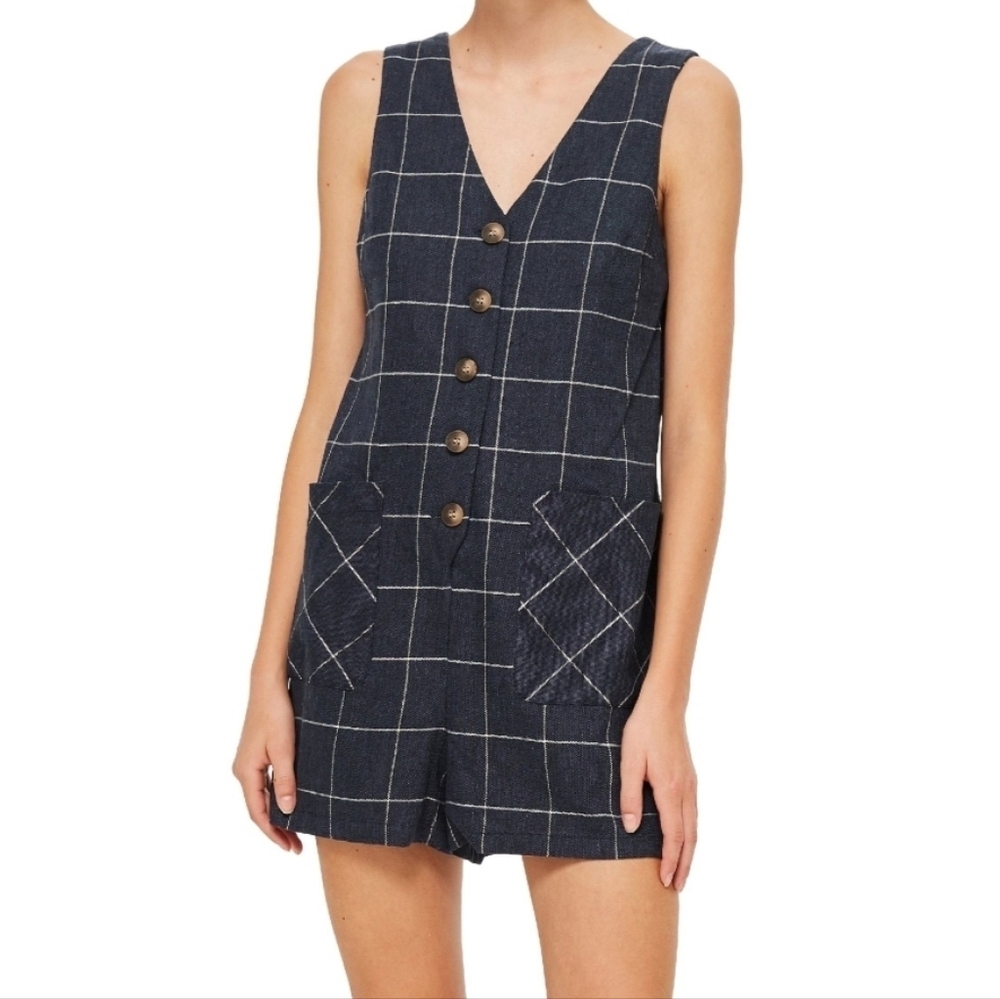 Topshop Romper Linen/Cotton Check Button